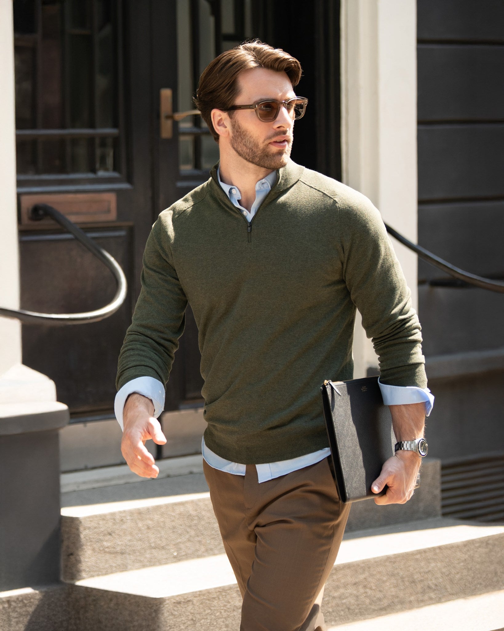 Brighton 1 4 Zip Men Olive Melange AW24 Modelimage